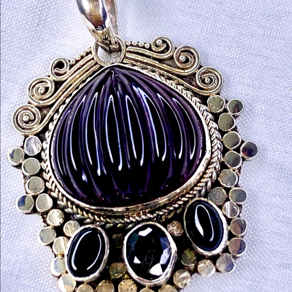 Fancy Cut Amethyst & Garnet Silver Vintage Pendant